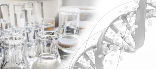 Clear bottles and dishes are used in scientific and medical experiments.