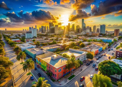 Wynwood Miami Aerial Drone Shot: Vibrant Street Art & Bokeh Cityscape