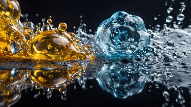 water separation, showing droplets floating and resisting mixing. The contrast between textures and colors highlights the natural immiscibility of these two liquids