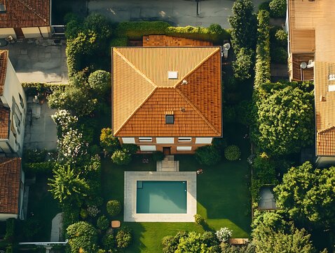 An aerial view showcasing a house with a pool and garden