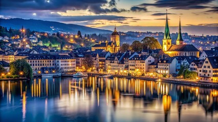 Fototapeta premium Zurich Cityscape & Lake Zurich at Night - Low Light Swiss Photography