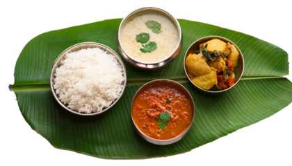 Tamil Nadu Style Meals with Rice, Rasam, and Appalam on Banana Leaf, Transparent Background