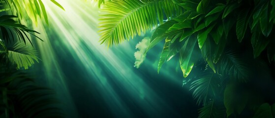 A panoramic view of a lush rainforest with beams of sunlight breaking through the dense canopy, vibrant green foliage glowing.
