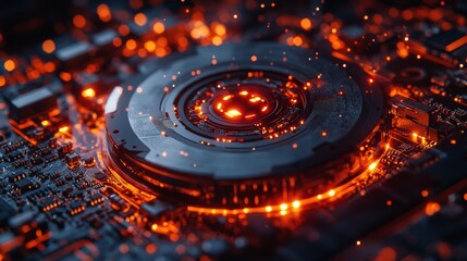 Glowing circular tech component on circuit board.