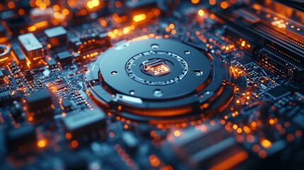 Close-up of a futuristic computer motherboard with glowing components.