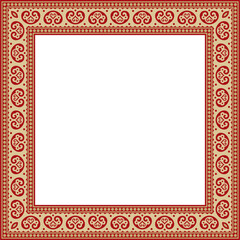 Vector square gold with red ancient Russian ornament. Slavic rectangle, border, frame. Painting of the royal chambers