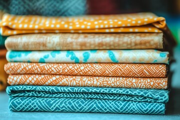 Colorful fabric patterns stacked on a textile store display