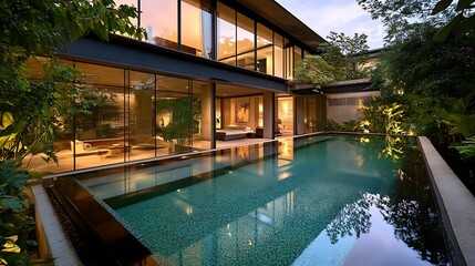Fototapeta premium Modern Home with Swimming Pool and Lush Greenery at Dusk