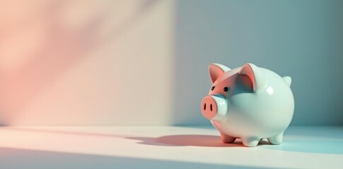 Single ceramic piggy bank in a corner with shadows, minimalist, corner