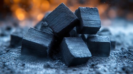 Coal briquettes, stacked, ash background, fire glow
