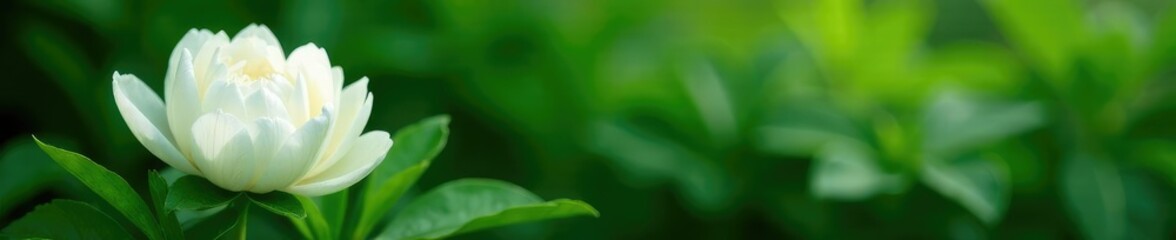 Obraz premium Lush green foliage surrounds a stunning white peony flower, white flowers, leafy greens