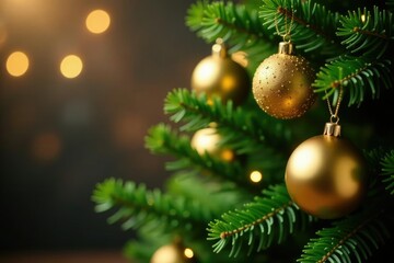 Lush green fir tree branch with golden ornaments in soft focus, shine, festive lights, Christmas tree branch decorations