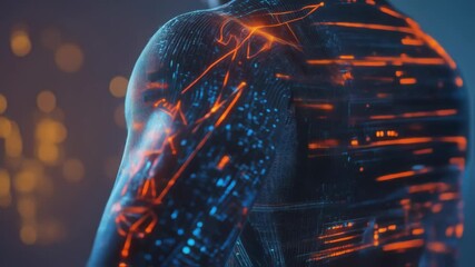 Orange and blue biometric data streams across the back and shoulder of a muscular athlete, visualizing health and performance metrics in a futuristic fitness concept - Powered by Adobe