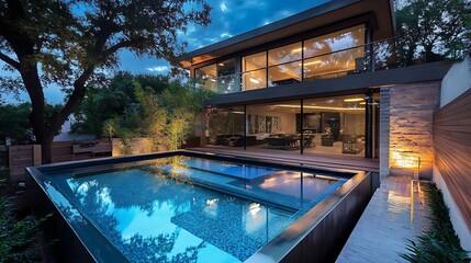 Obraz premium Swimming Pool and Modern Home Exterior with Evening Sky Reflection