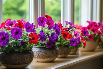 Fototapeta premium A collection of vibrant red and purple petunias in decorative pots, displayed on a windowsill, adding color to a cozy home.