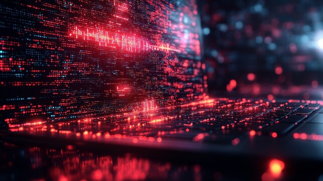 Red glowing code streams from laptop screen, depicting digital data flow and technology.