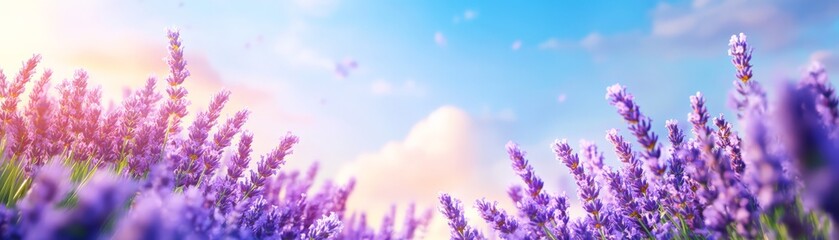 Fototapeta premium A wide field of lavender flowers swaying gently in the breeze, with the soft purple of the blooms contrasting against the vivid blue sky.