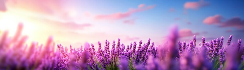 Fototapeta premium A wide field of lavender flowers swaying gently in the breeze, with the soft purple of the blooms contrasting against the vivid blue sky.