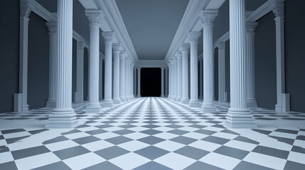 White Columns Hallway with Checkerboard Floor 3D Rendering