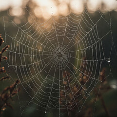 Close-up of a spider web with dew drops glistening in the morning light