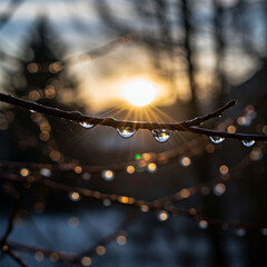 Water drops on a branch in winter morning as the sun rises