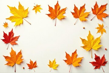 Golden maple leaves scattered on white surface, isolated, fall, background