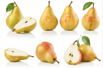 Pears in a row on white background showcasing variety in size, shape, and color, with one cut in half.