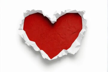 Romantic Red Heart Paper Torn in Half on White Background with Jagged Edge, Crumpled Texture