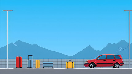 Red Car And Luggage On Airport Road With Pixelated Sky And Mountain Background