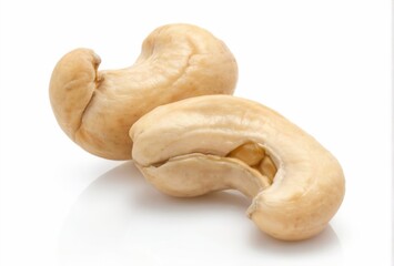 Fototapeta premium Fresh and Uncooked Cashew Nuts on White Background, Side by Side, Smooth Texture, Shiny, Focal Point