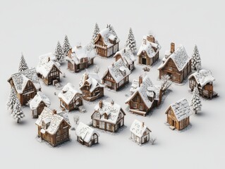 A Charming Snowy Village with Rustic Wooden Houses and Evergreen Trees