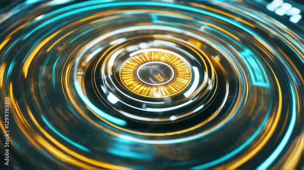 Poster futuristic holographic interface pulsing with orange and blue luminescent lights, dynamically loadin