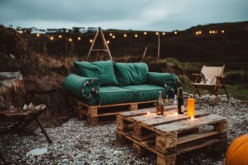 Cozy Outdoor Lounge Area with Pallet Furniture and Soft Lighting