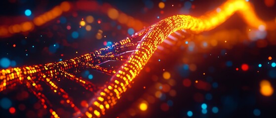 DNA Data Code Matrix A futuristic DNA helix made of glowing binary code, symbolizing the intersection of biotechnology and data science.