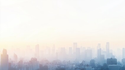 Soft Sunrise Glow Over Urban Skyline, Hazy Morning Light Illuminating Tall Buildings and Cityscape, Vibrant Sky with Gentle Pastel Hues