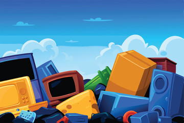 Create a whimsical illustration of a landfill overflowing with cartoonish waste;  include recognizable items like plastic bottles, discarded toys, and fast food containers.