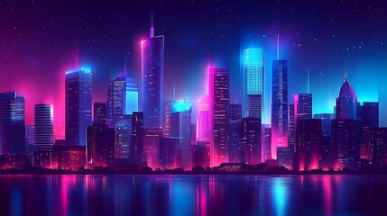 The Neon City Skyline Reflecting Bright Colors on the Water