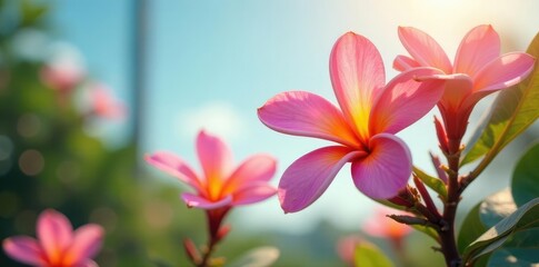 Fototapeta premium Frangipani flowers swaying gently in the breeze and sunlight, blossom, pink, flowers