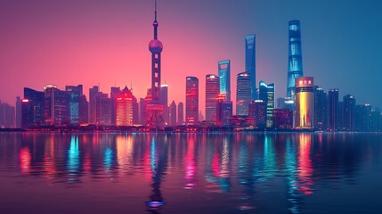 Fototapeta premium A beautiful cityscape illuminated brightly at night with reflections