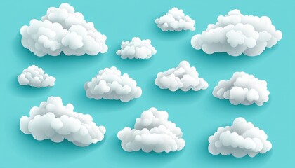 Fototapeta premium Collection of fluffy white clouds on a pastel blue sky background