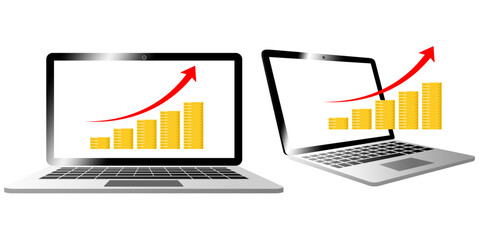 Vector illustration in device with growing coin stacks and an upward arrow, representing financial growth, online business, and investment success. Ideal for business, finance, and stock market