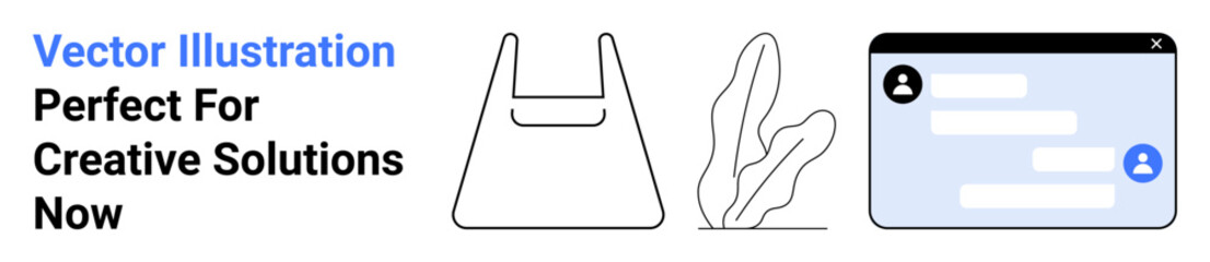 Fototapeta premium Shopping bag, abstract plant, and chat window elements emphasize eco-friendly retail, technology, and communication. Ideal for e-commerce, sustainability, messaging apps, branding minimal design