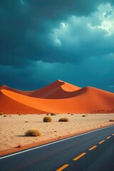 Desert landscape with reddish brown sand and blue tinted ground, natural, sky stormy