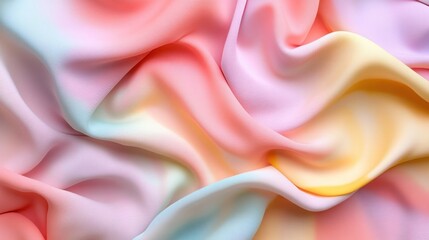 Fototapeta premium Textile minimalist concept. A vibrant, flowing fabric showcasing soft pastel colors, blending harmoniously in a smooth, elegant texture.