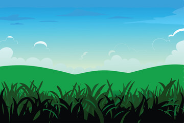 A vibrant, sun-drenched panoramic view of rolling green hills and a lush meadow under a clear blue sky.