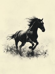 Dynamic Black Horse in Motion with Flowing Mane and Splattering Dust on White Background