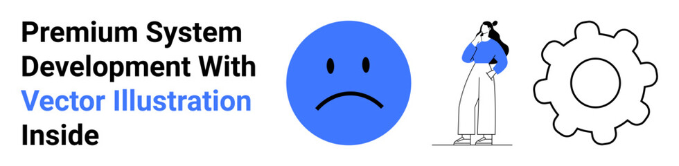 Fototapeta premium Blue sad face, thoughtful woman in casual attire, and outlined gear icon. Ideal for creativity, brainstorming, process optimization, emotional expression, teamwork, design systems flat landing page