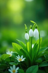 Obraz premium Delicate white flowers emerging from green leaves, flowers, foliage