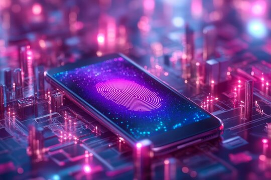 Digital Phone with Fingerprint on Futuristic Circuit Background