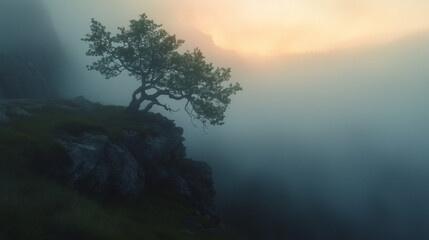 Fototapeta premium Lone tree on a foggy cliff at sunrise